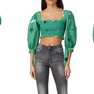 Capulet Gracia green design smocked puff sleeve crop top S